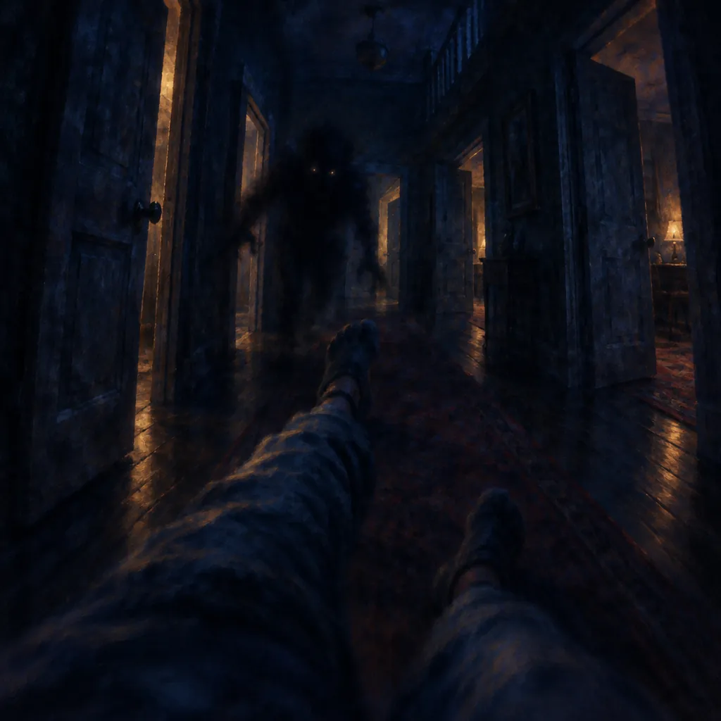 Painting of the dream: Something was chasing me through a dark house with too many doors, and my legs would not move fast enough.