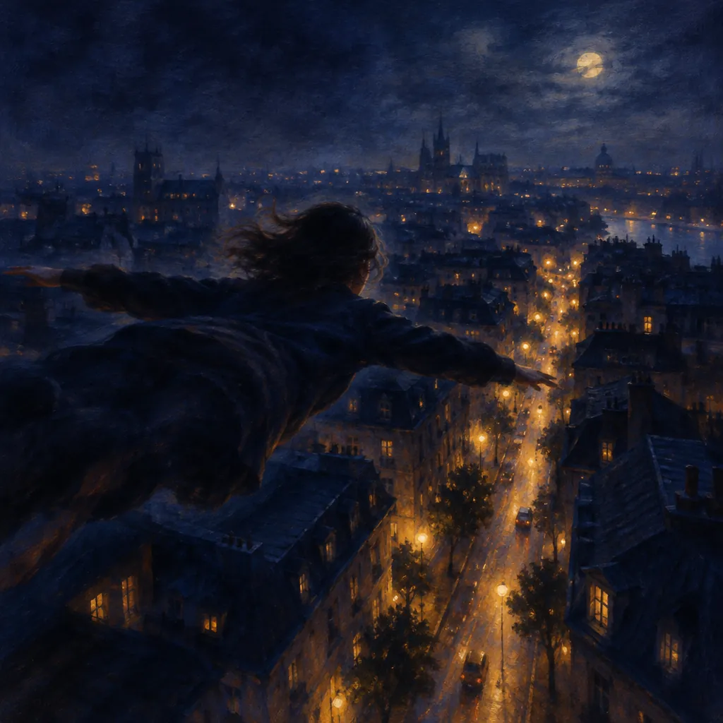 Painting of the dream: I was flying low over a city at night, just above the rooftops, with the streetlights passing under me.