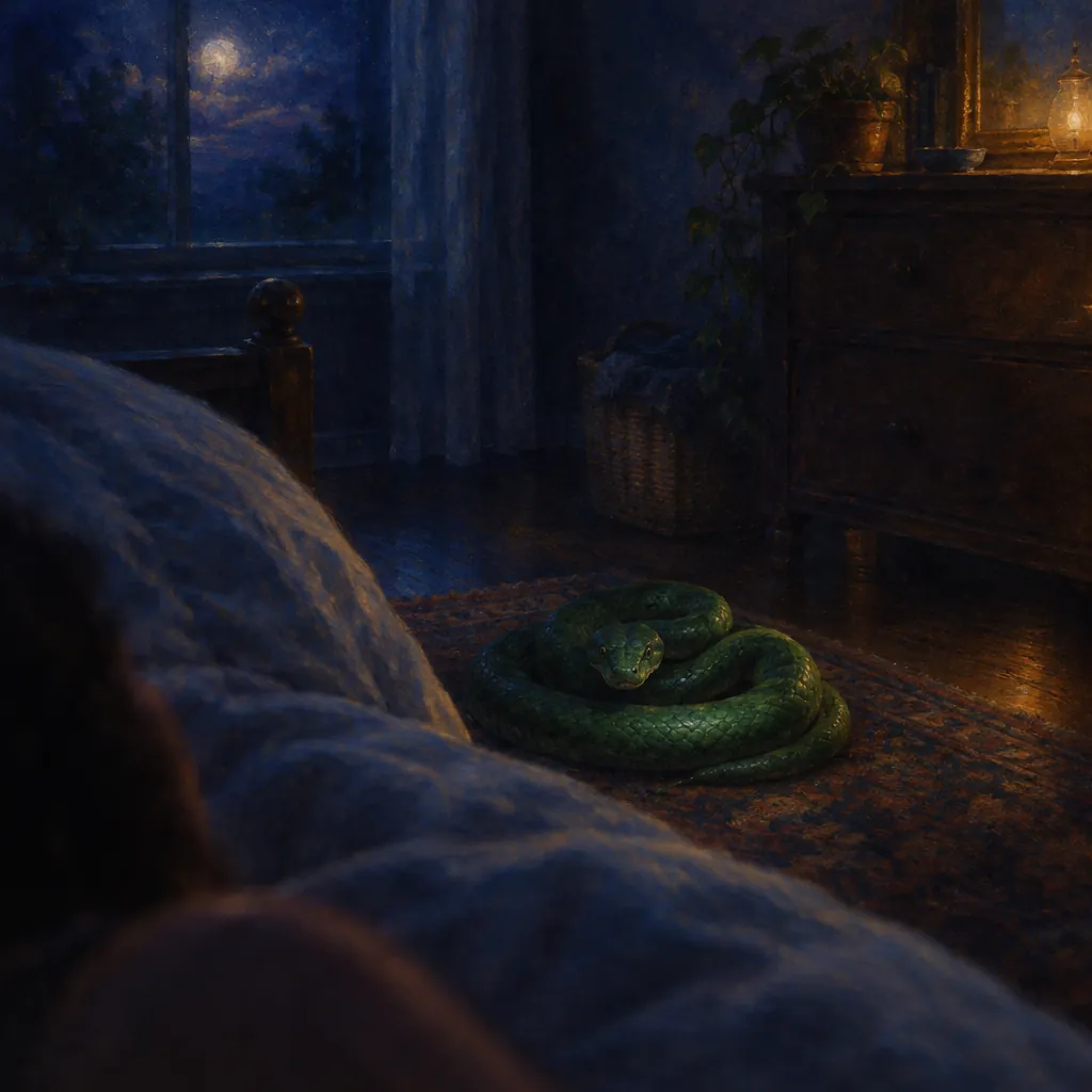 Painting of the dream: A green snake was coiled at the foot of my bed, perfectly still, watching me.