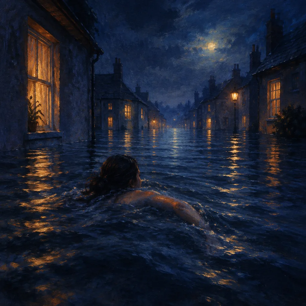 Painting of the dream: Water kept rising in the street outside my window until I was swimming between the houses.